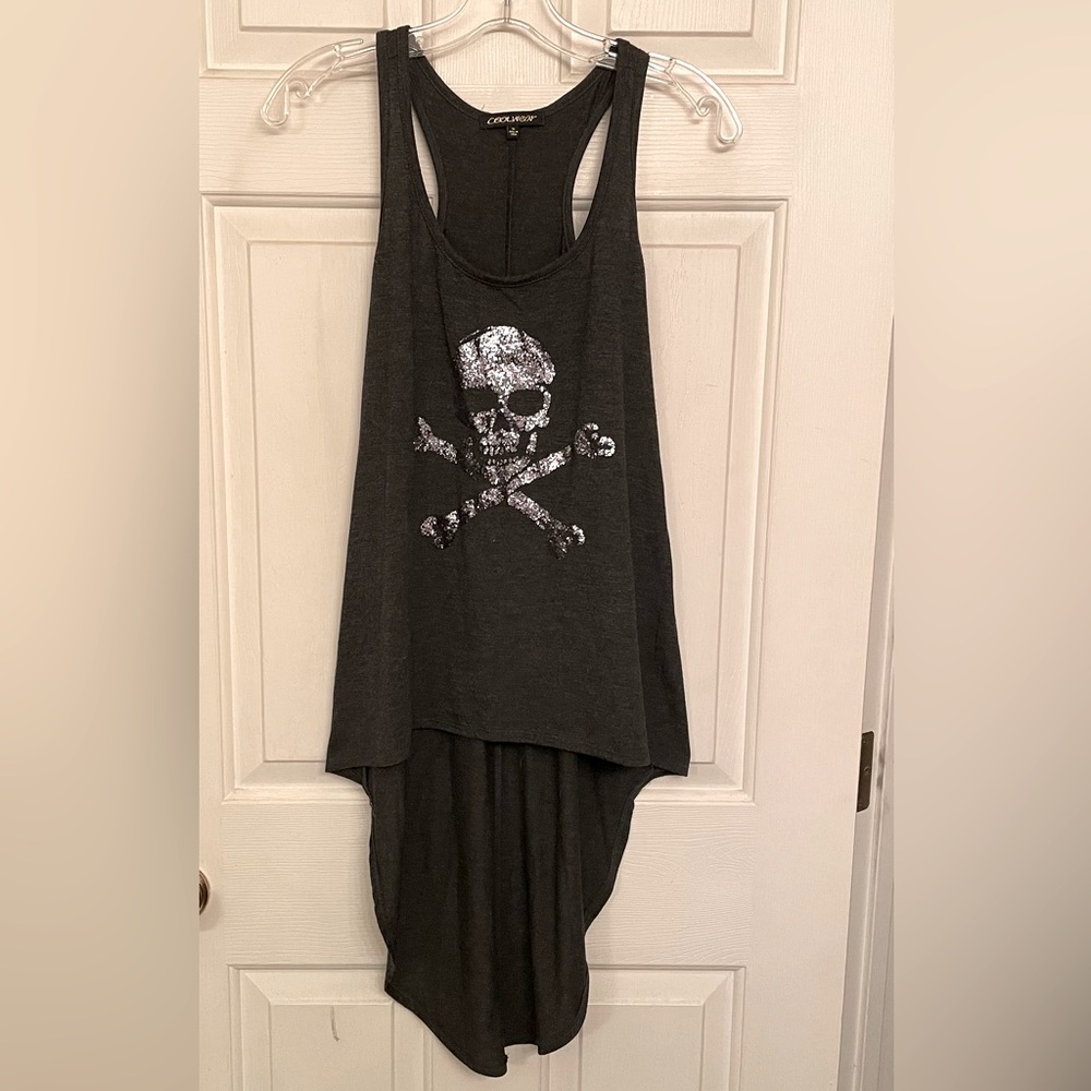 Coolwear Hi-Low Racerback Tank top with Distressed Glitter Skull